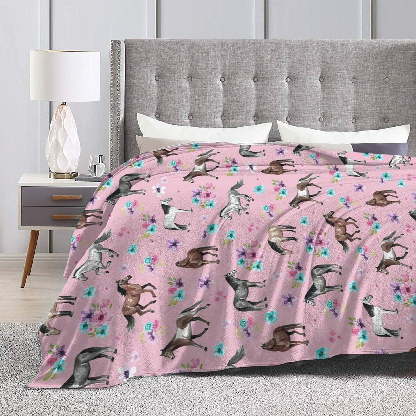 Knsoiv 3D Flannel Plush Throw Blanket Pink Horses Flowers Floral 50x40