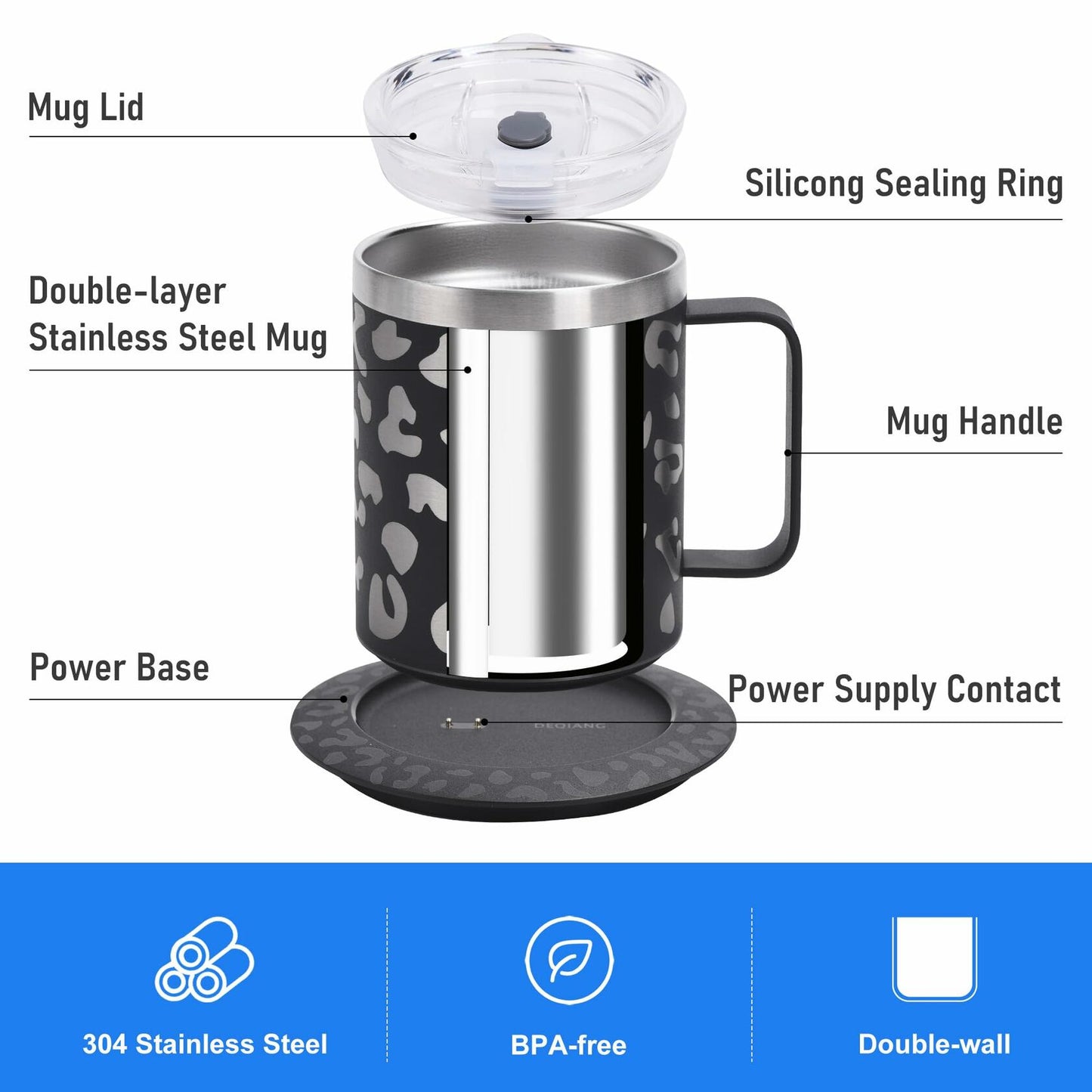 DEQIANG Heated Coffee Mug 12oz USB Powered 304 Stainless Steel Black Leopard