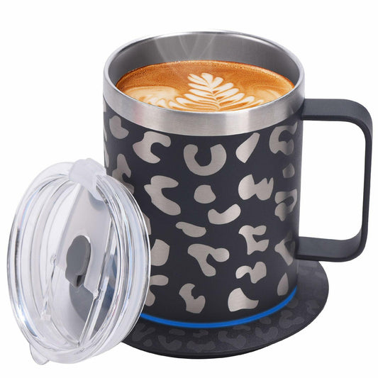 DEQIANG Heated Coffee Mug 12oz USB Powered 304 Stainless Steel Black Leopard