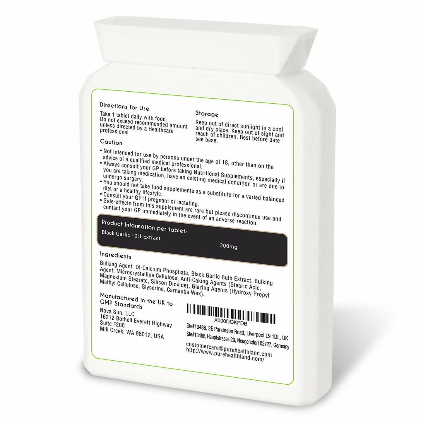 Pure Healthland Black Garlic Supplement Vegan Tablets UK 1 Bottle