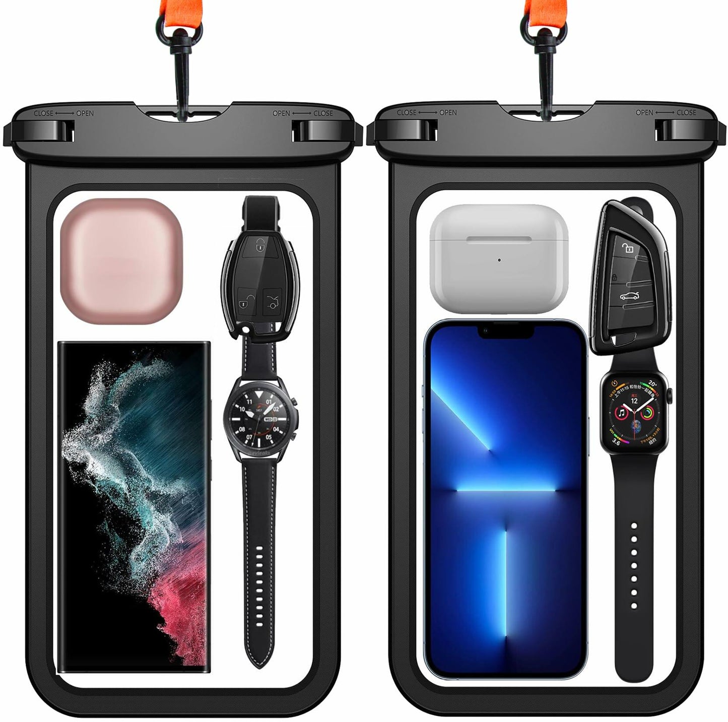 Temdan 2 Pcs Waterproof Phone Pouch IPX8 Up to 10" Large Black with Lanyard