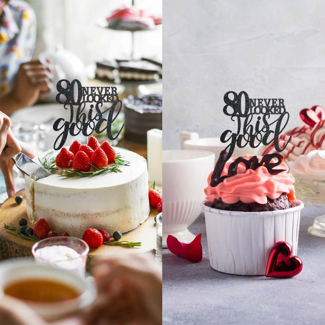 Black Glitter Happy 80th Birthday Cake Topper, Cheers to 80 Years, 80 Count