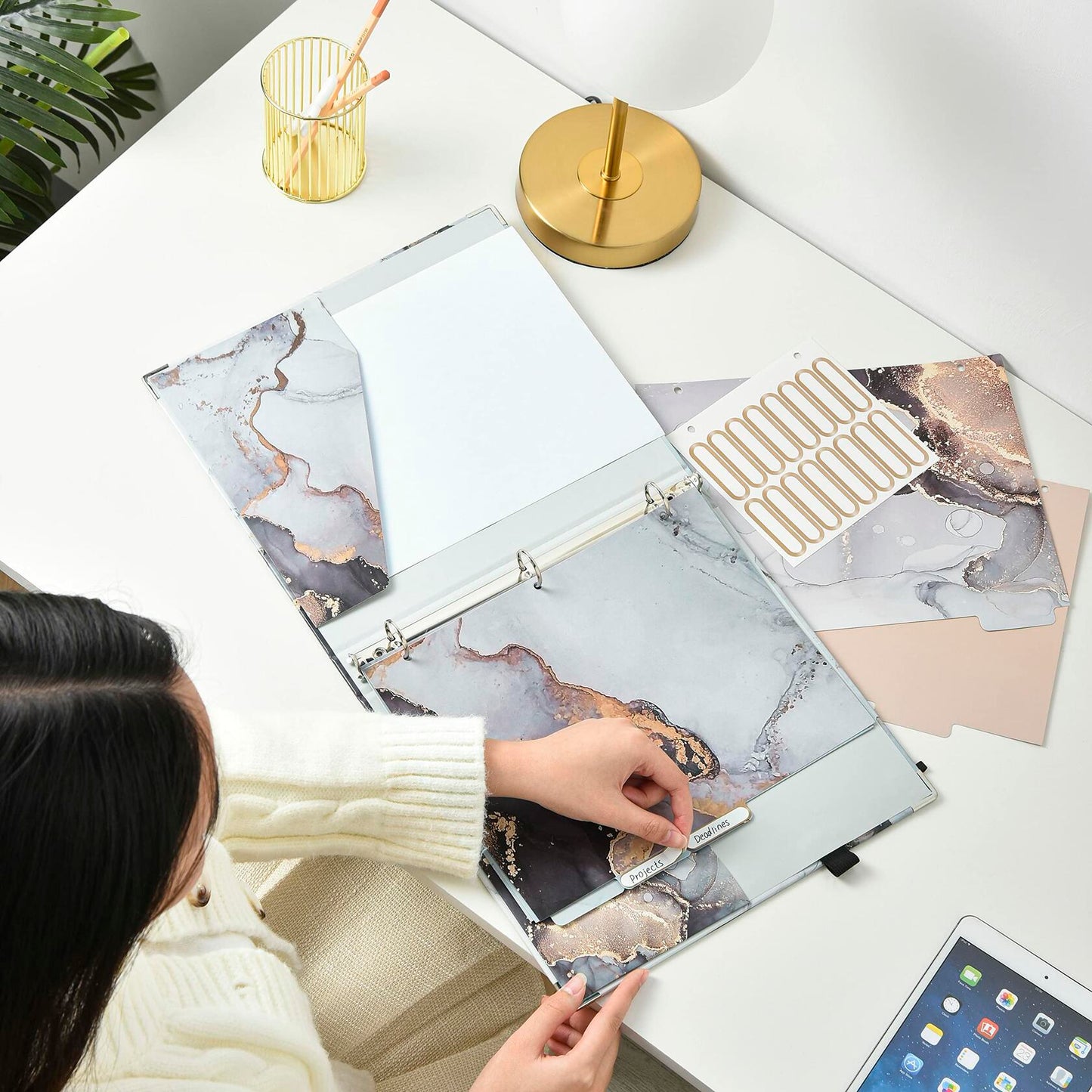 NELOVI 3 Ring Binder Letter Size 1" Black Marble Clipboard with 5-Tab Dividers