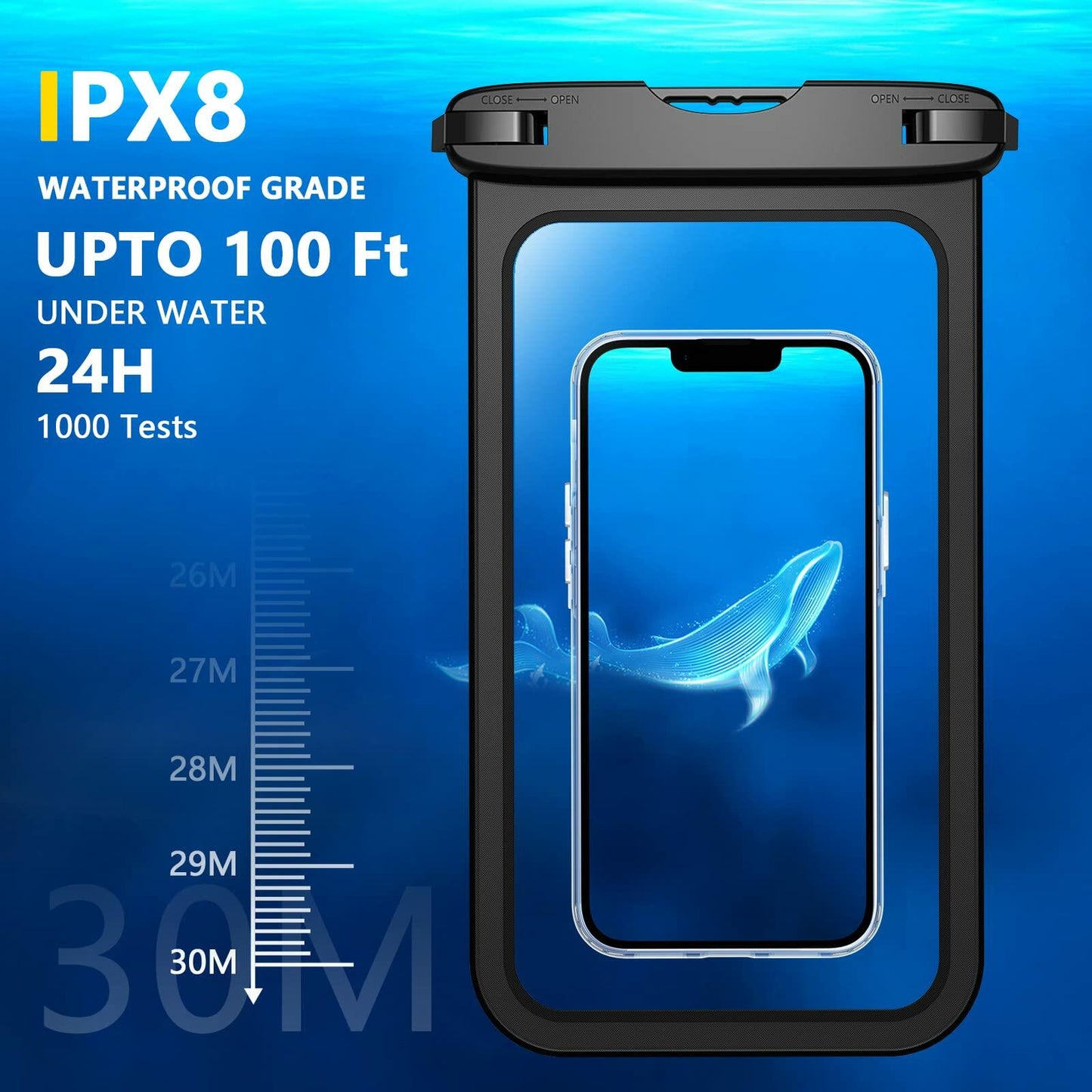 Temdan 2 Pcs Waterproof Phone Pouch IPX8 Up to 10" Large Black with Lanyard