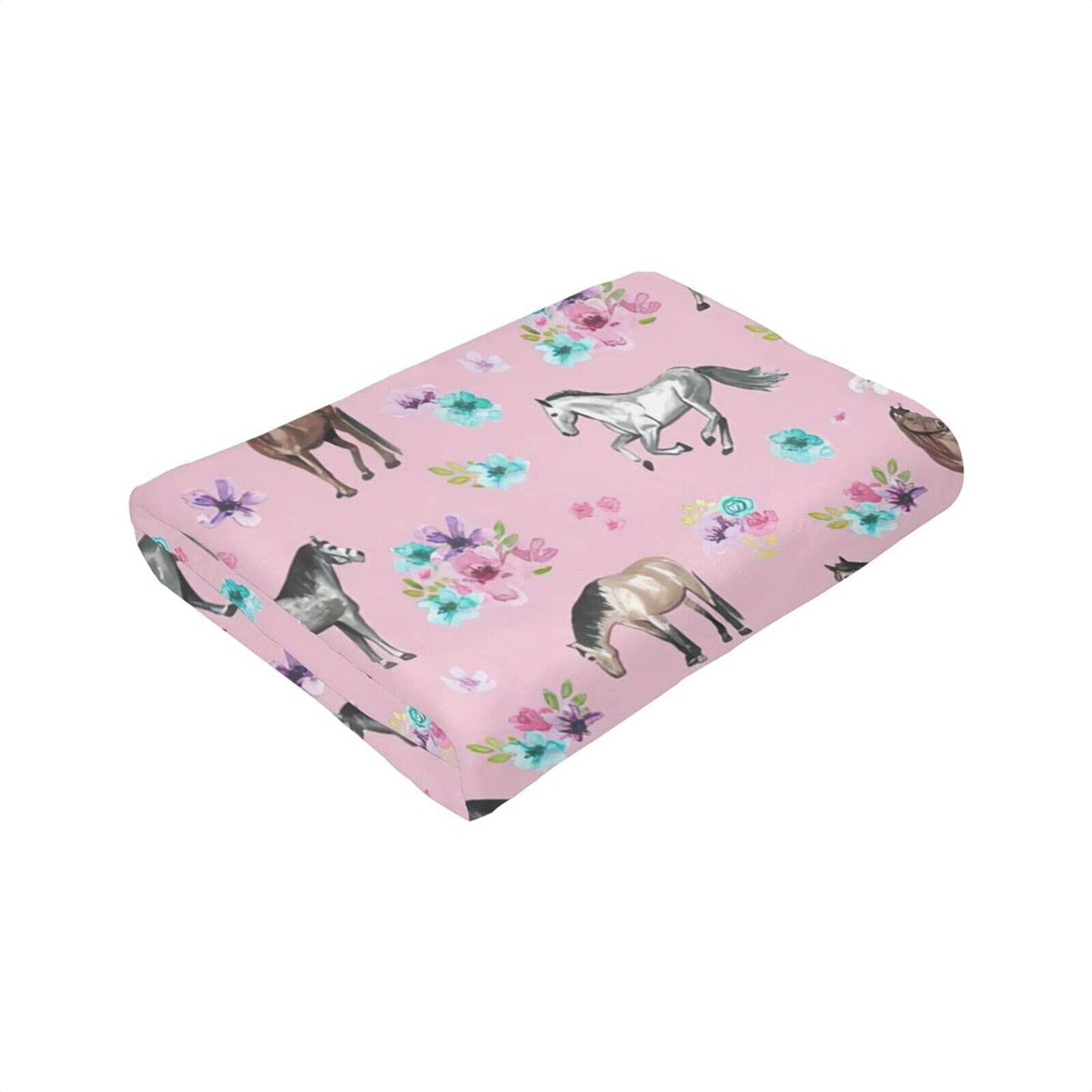 Knsoiv 3D Flannel Plush Throw Blanket Pink Horses Flowers Floral 50x40
