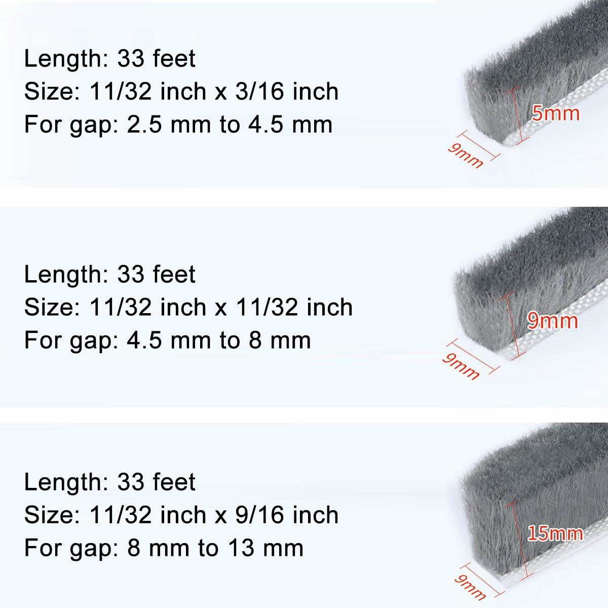 Noabaco 33 Ft Brush Weather Stripping Door Window Seal Strip Grey 11/32x9/16