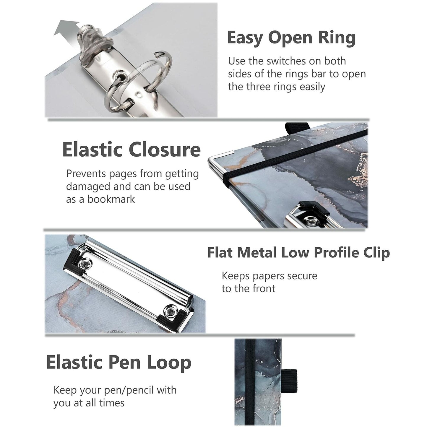 NELOVI 3 Ring Binder Letter Size 1" Black Marble Clipboard with 5-Tab Dividers