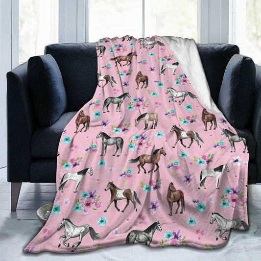 Knsoiv 3D Flannel Plush Throw Blanket Pink Horses Flowers Floral 50x40