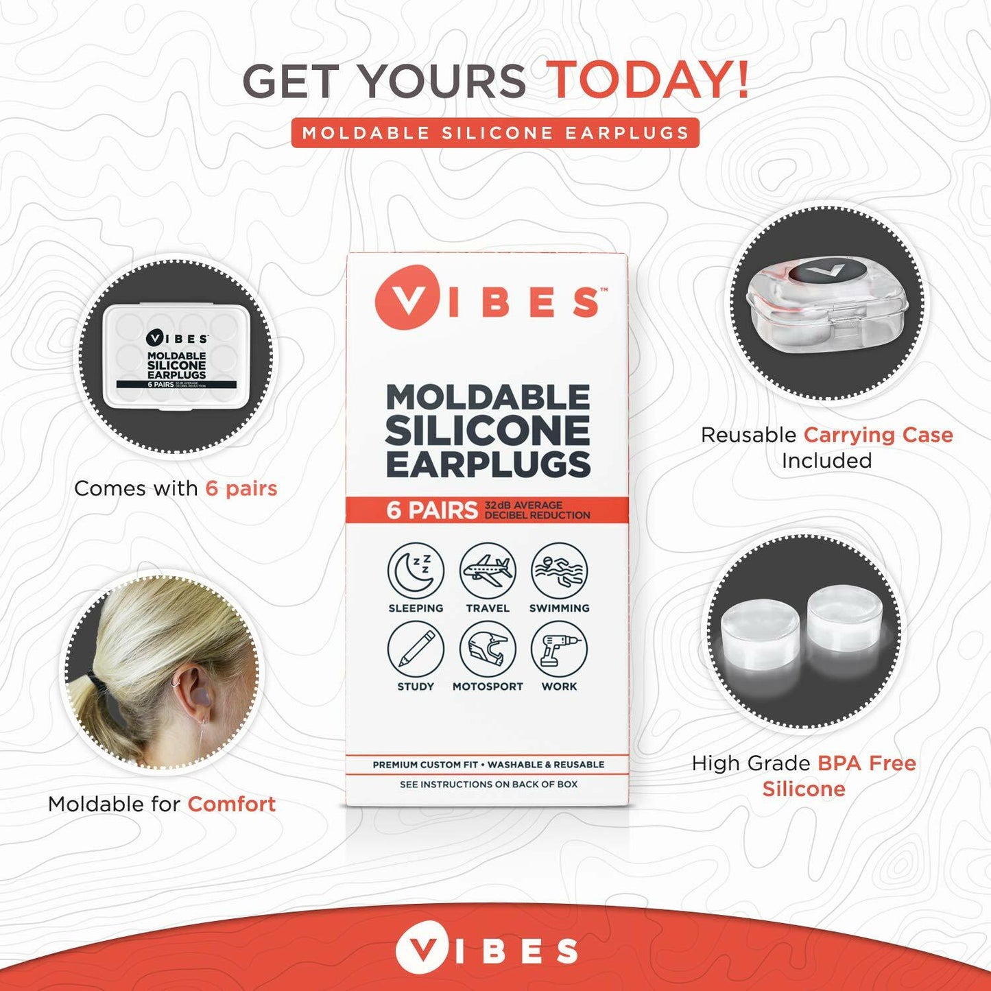 Vibes Silicone Ear Plugs Waterproof Moldable Gel Noise Blocking 6 Pairs