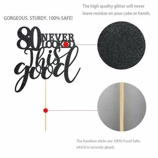 Black Glitter Happy 80th Birthday Cake Topper, Cheers to 80 Years, 80 Count