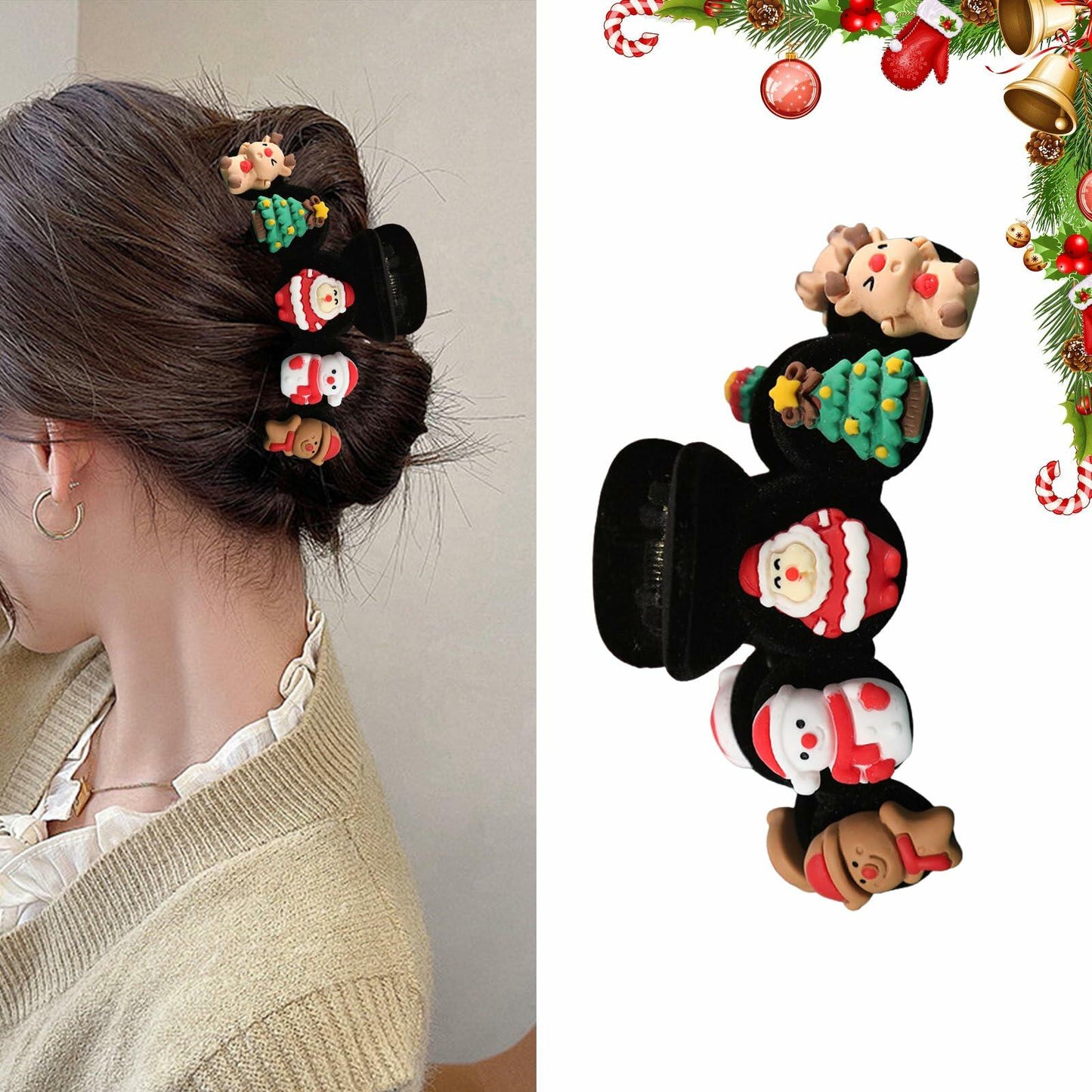 XEININVU Christmas Hair Claw Clip Velvet Large Santa Gingerbread 1Pc