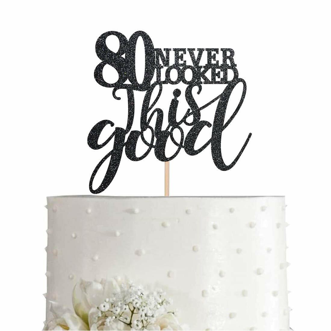 Black Glitter Happy 80th Birthday Cake Topper, Cheers to 80 Years, 80 Count