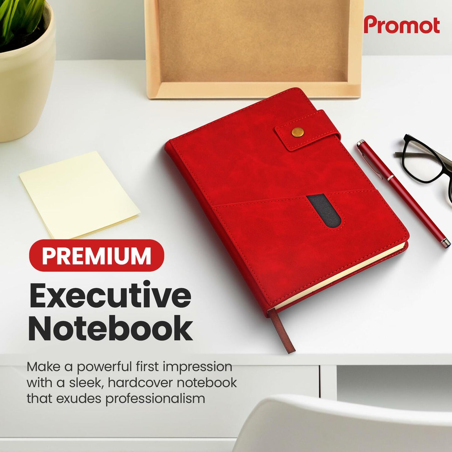 Promot PU Leather A5 Lined Notebook with Pen Red 200 Pages Elastic Pocket