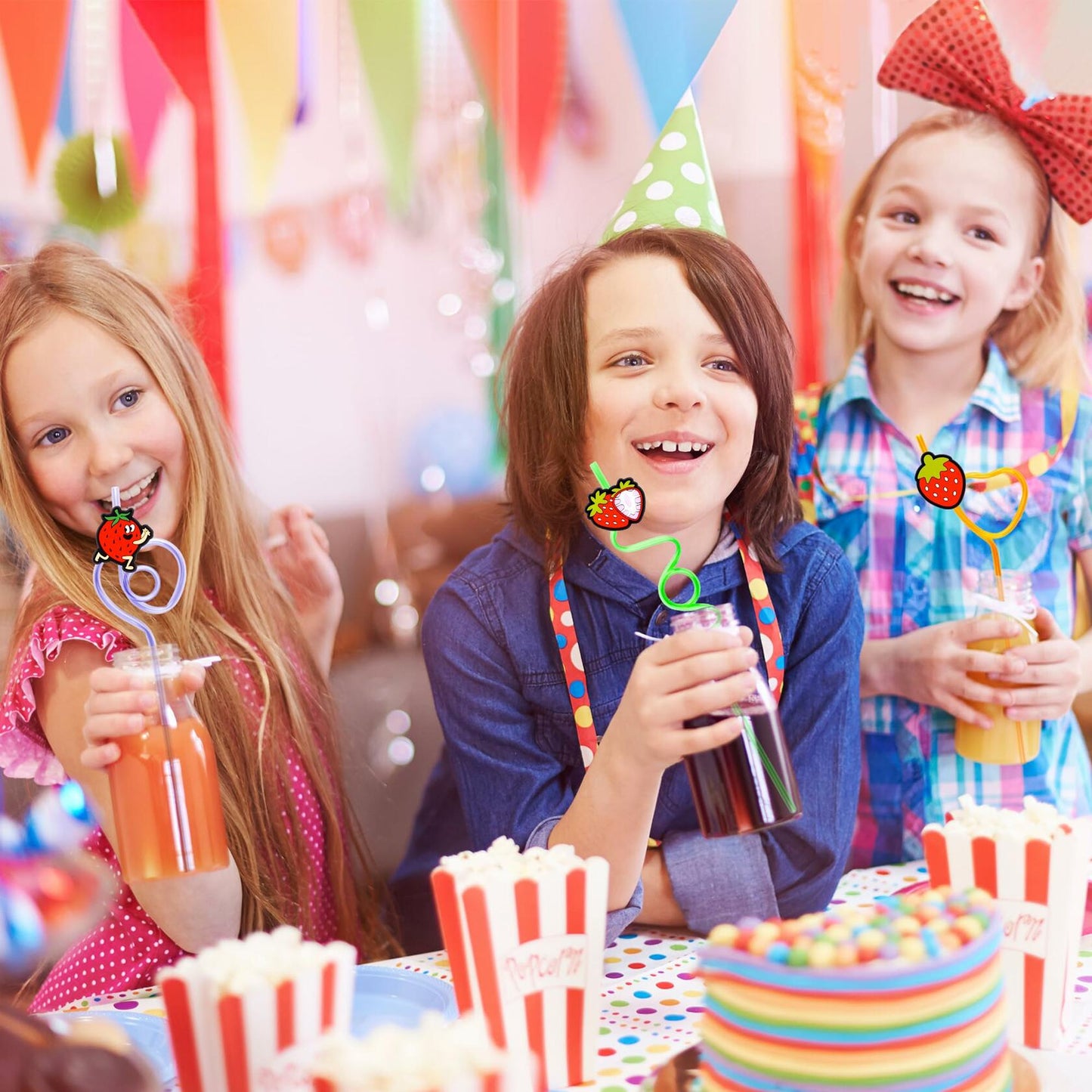 SODWINCO 24 PCS Strawberry Drinking Crazy Straws Kids Party Supplies Red