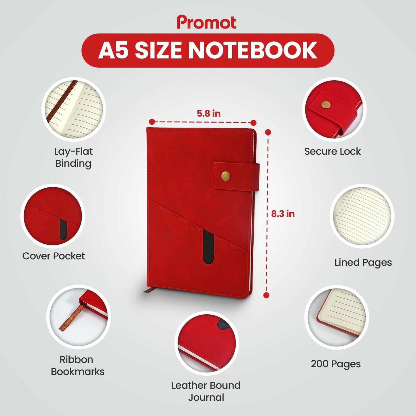 Promot PU Leather A5 Lined Notebook with Pen Red 200 Pages Elastic Pocket