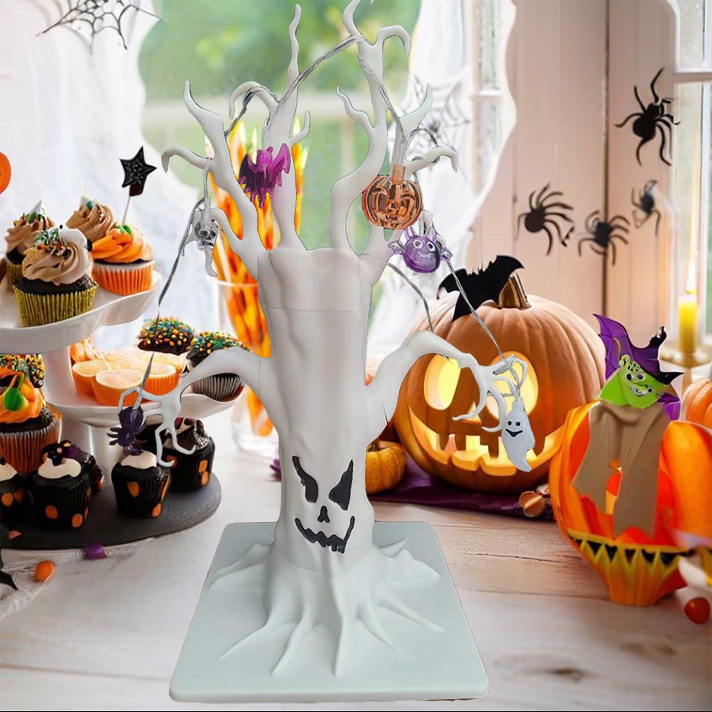 GNIXLING Halloween Tree Decorative Centerpiece White, Spooky Ornaments & Lights