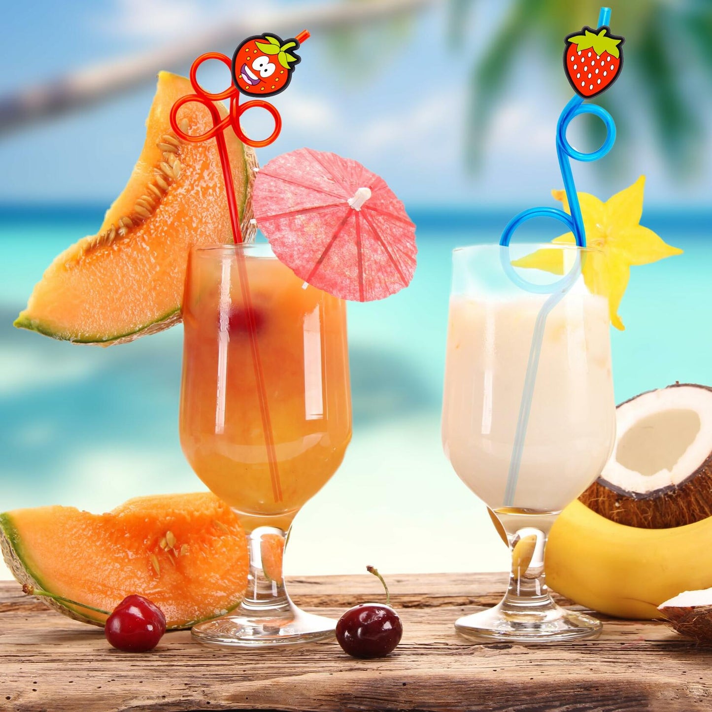 SODWINCO 24 PCS Strawberry Drinking Crazy Straws Kids Party Supplies Red