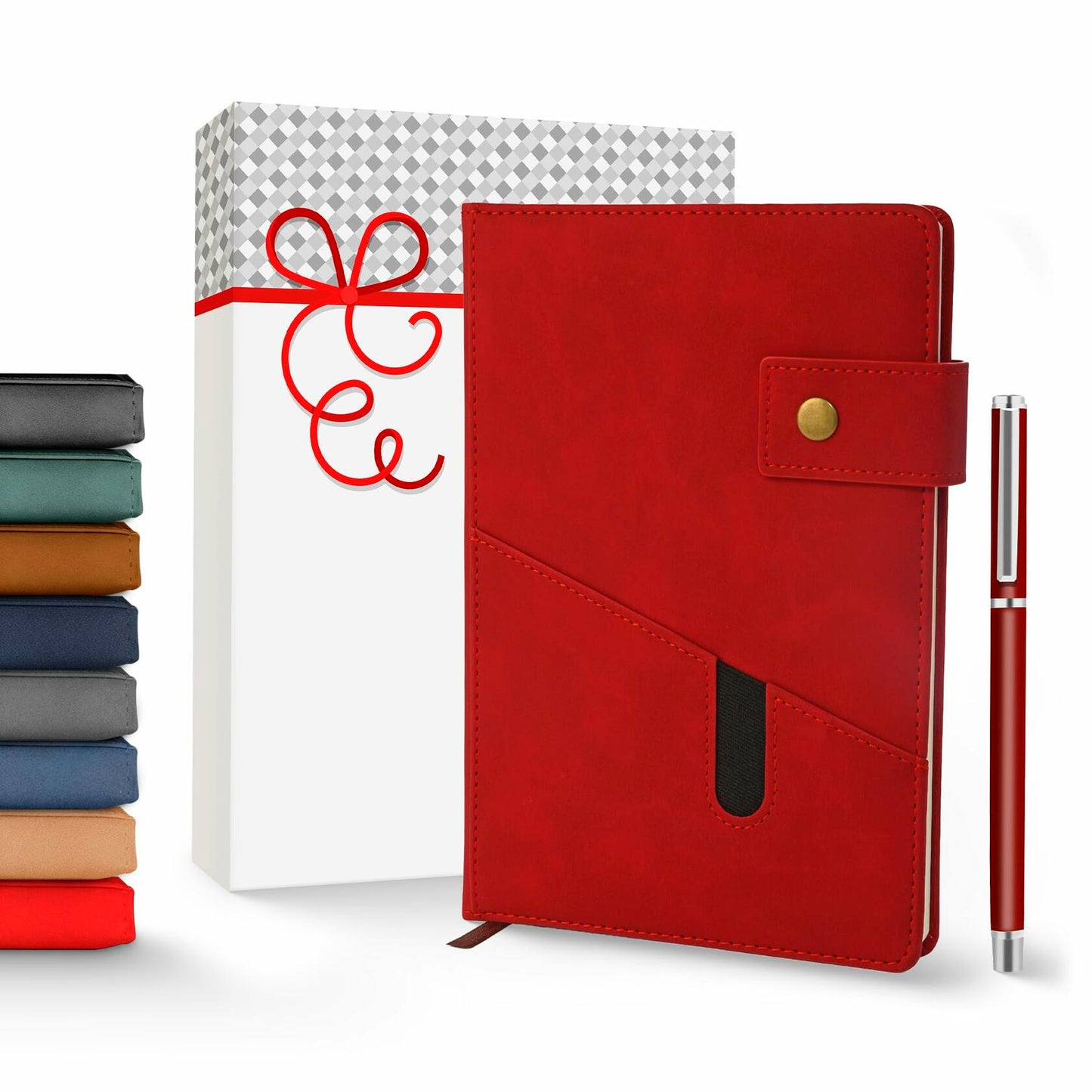 Promot PU Leather A5 Lined Notebook with Pen Red 200 Pages Elastic Pocket
