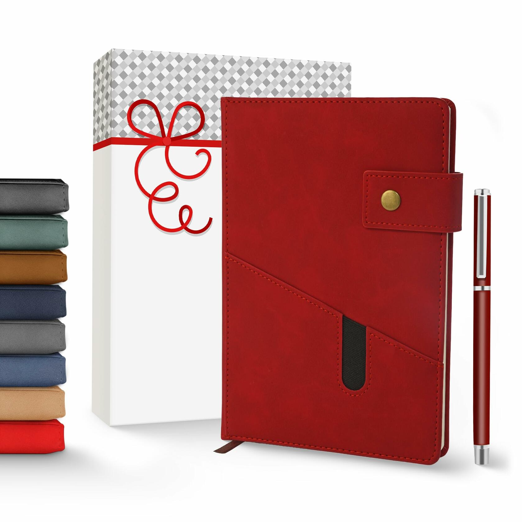Promot PU Leather A5 Lined Notebook with Pen Red 200 Pages Elastic Pocket
