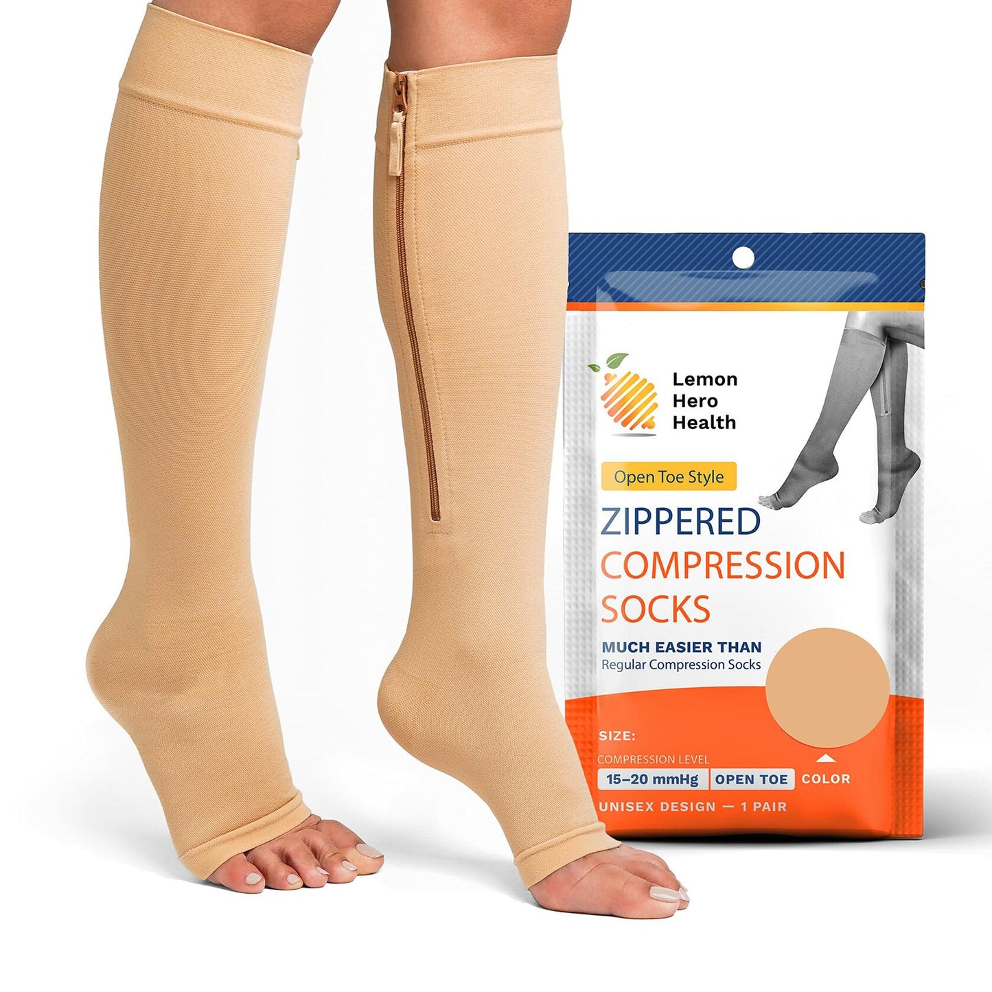 Lemon Hero Zipper Compression Socks Medical 20-30mmHg Open Toe Guard Beige 5XL