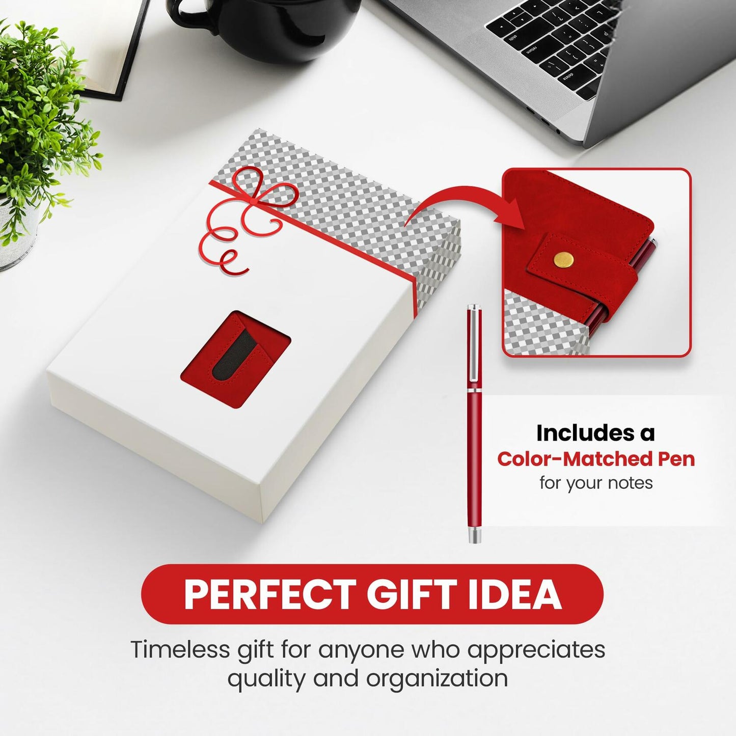 Promot PU Leather A5 Lined Notebook with Pen Red 200 Pages Elastic Pocket