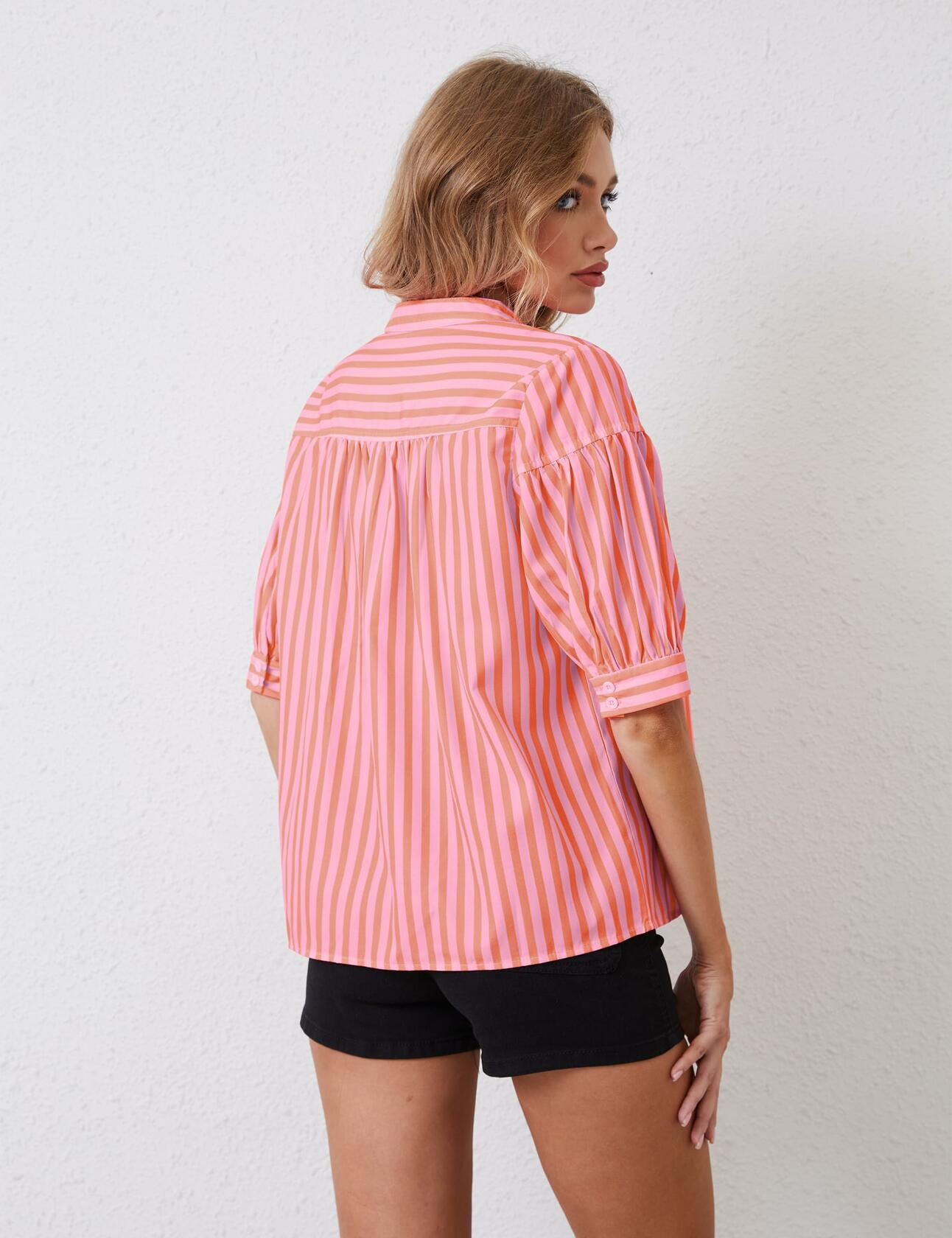 MSBESYOR Women Puff Short Sleeve Striped V Neck Blouse Pink Size S