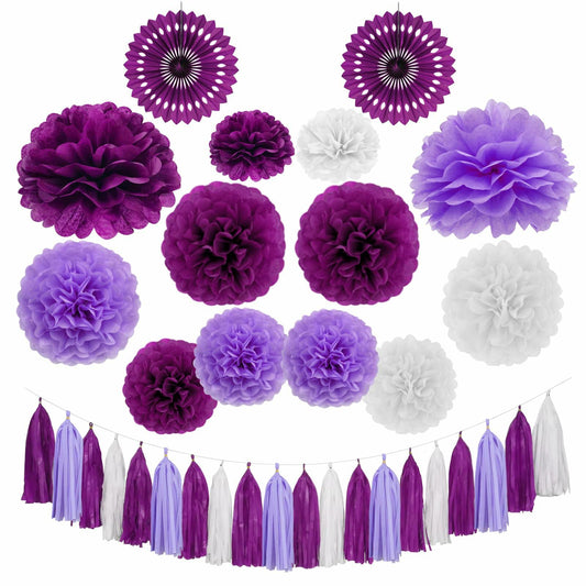 Envibe Purple White Tissue Paper Pom Poms Party Decorations 34 Pcs