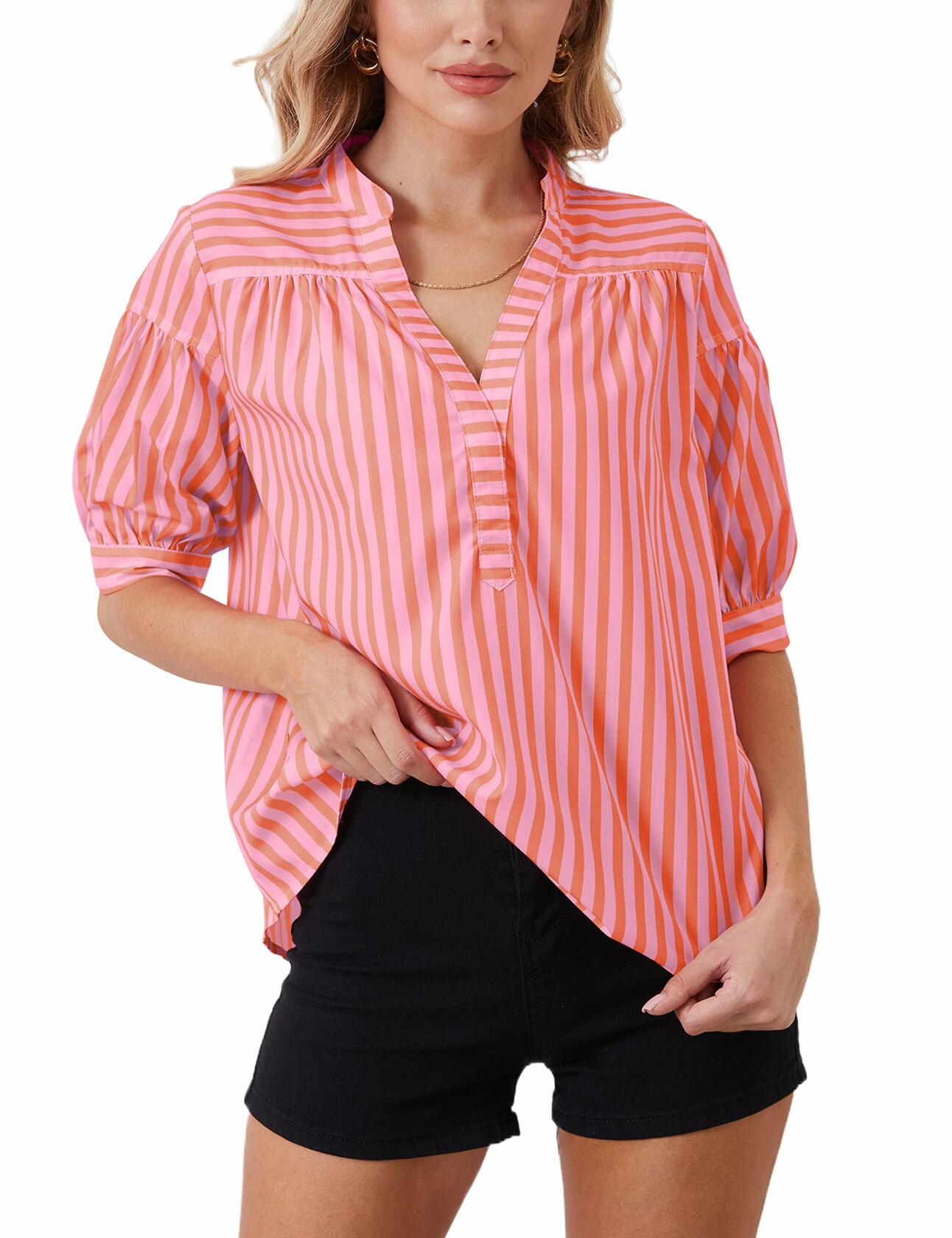 MSBESYOR Women Puff Short Sleeve Striped V Neck Blouse Pink Size S