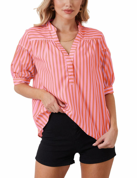 MSBESYOR Women Puff Short Sleeve Striped V Neck Blouse Pink Size S