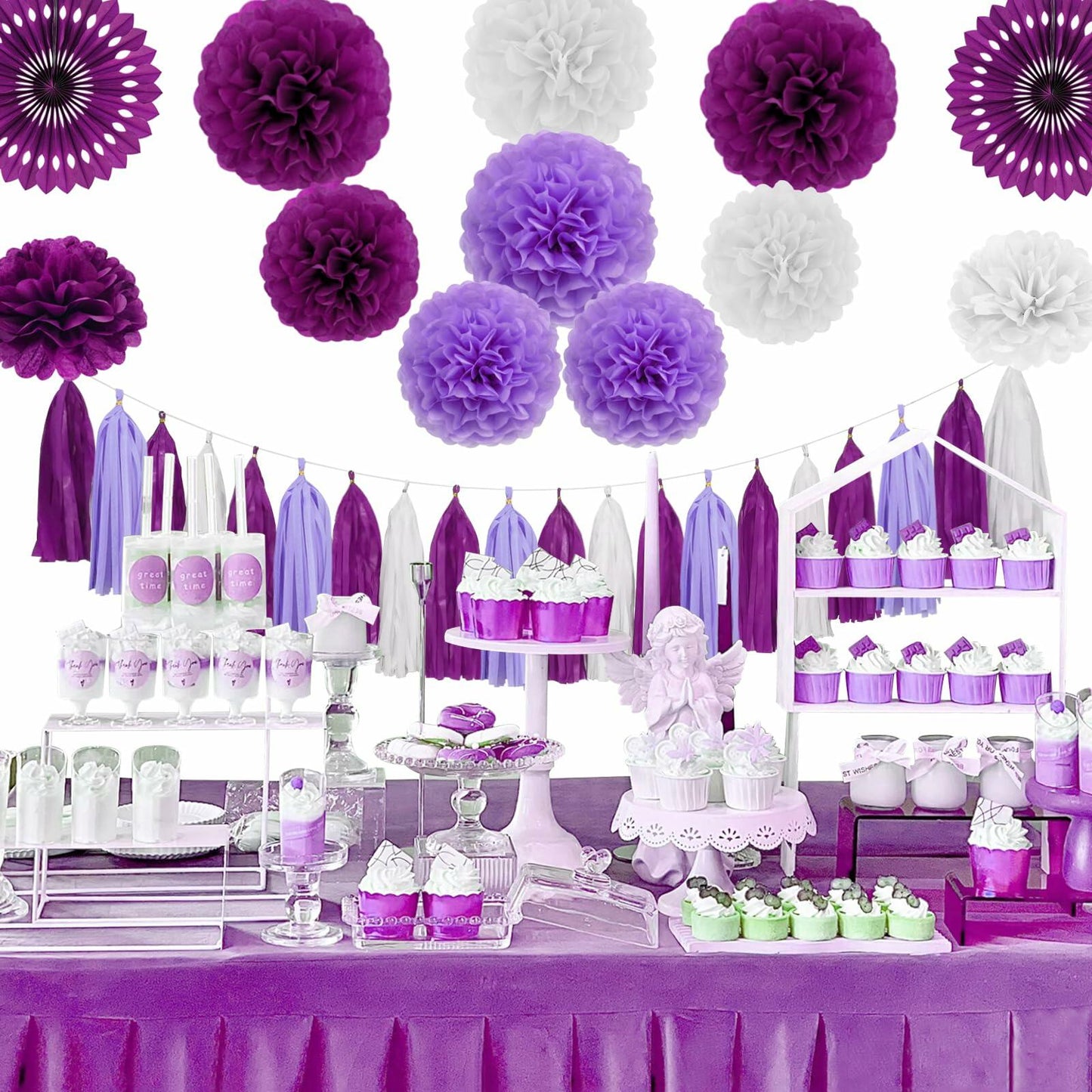 Envibe Purple White Tissue Paper Pom Poms Party Decorations 34 Pcs