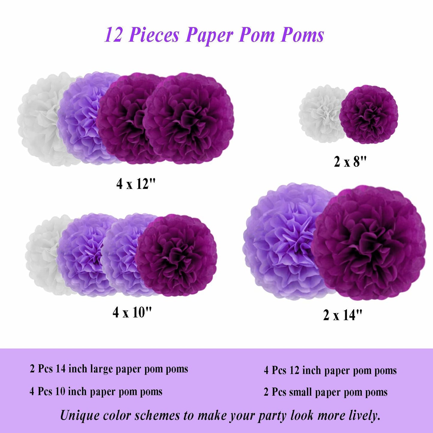 Envibe Purple White Tissue Paper Pom Poms Party Decorations 34 Pcs