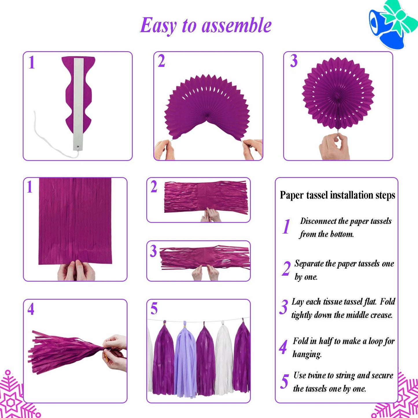 Envibe Purple White Tissue Paper Pom Poms Party Decorations 34 Pcs