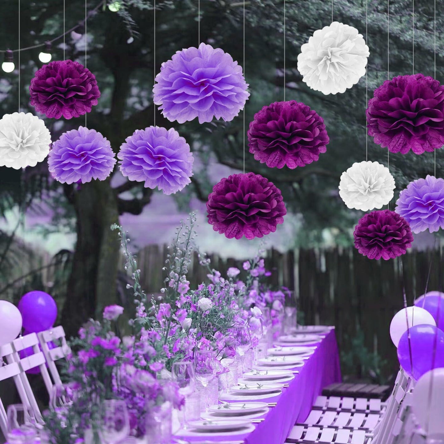 Envibe Purple White Tissue Paper Pom Poms Party Decorations 34 Pcs