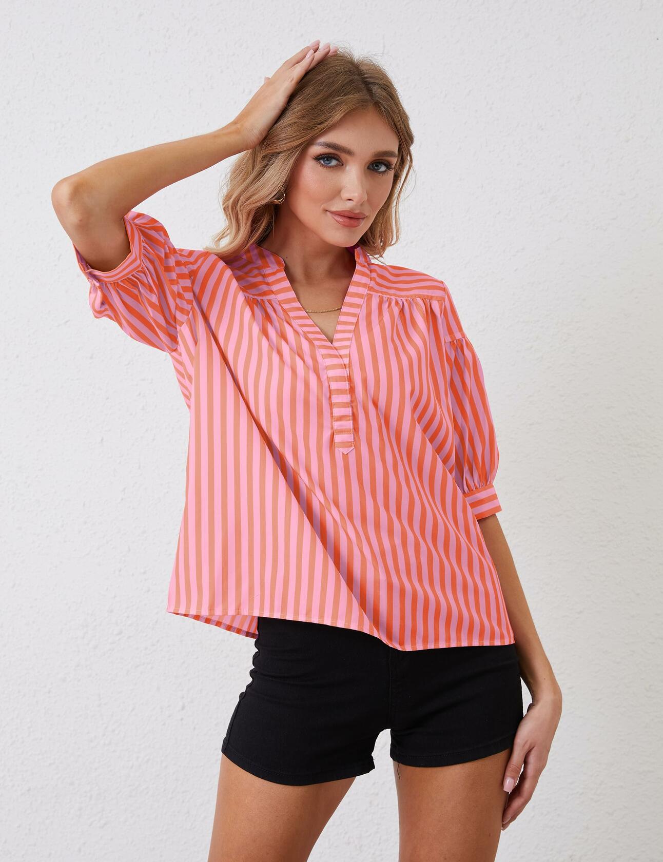 MSBESYOR Women Puff Short Sleeve Striped V Neck Blouse Pink Size S