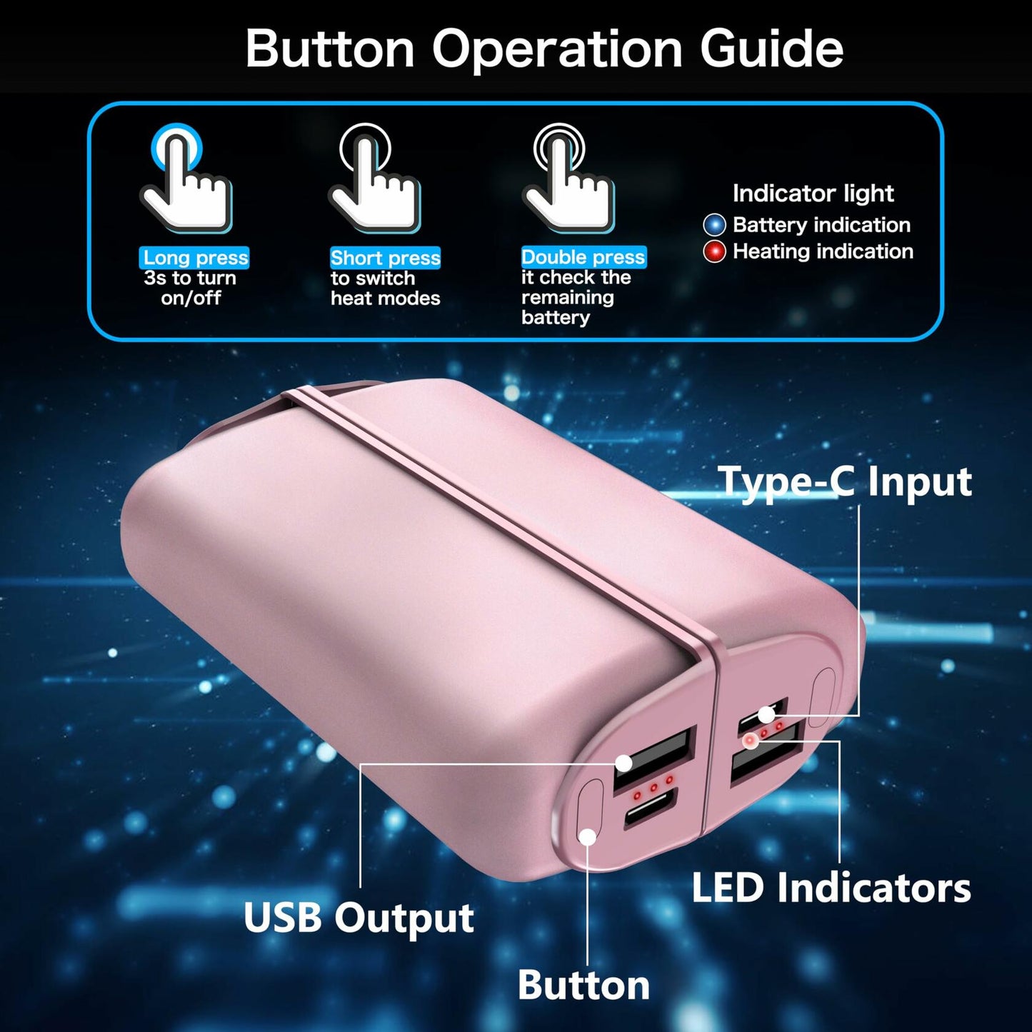 Rechargeable Hand Warmers 2 Pack 10000mAh Magnetic 3-Level Pink Power Bank