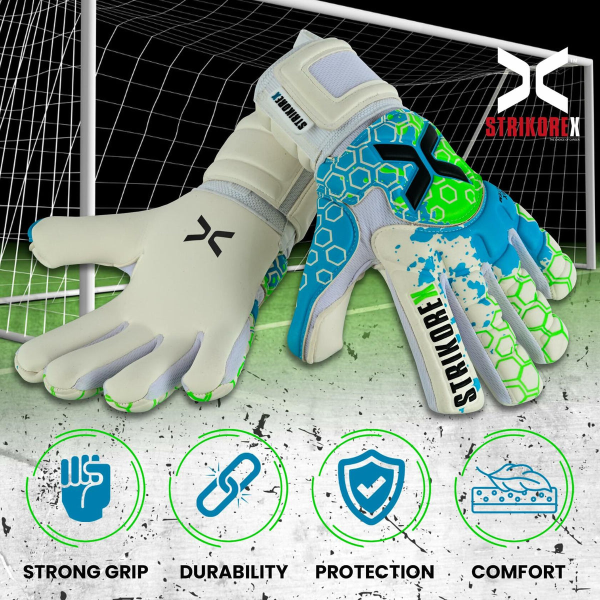 StrikoreX Wild Hawk Pro Goalie Gloves Pro Fingersaves 4+3mm Grip White Size 8