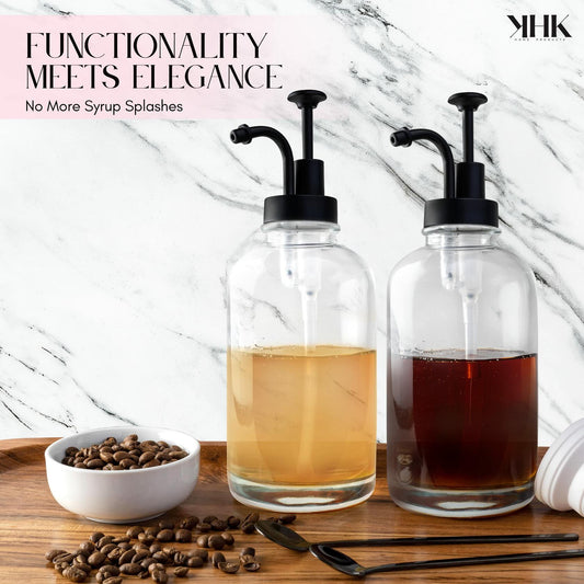 KHK Home Coffee Syrup Dispensers Glass Bottles w/Pumps & Spoons Set of 2 Black