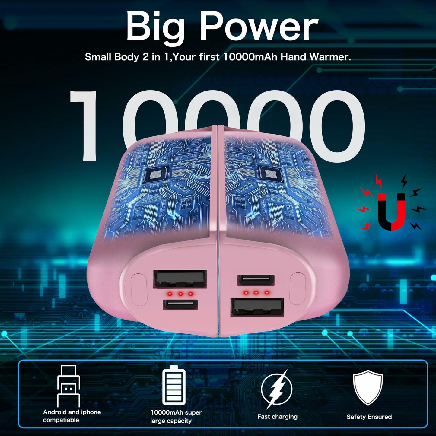 Rechargeable Hand Warmers 2 Pack 10000mAh Magnetic 3-Level Pink Power Bank