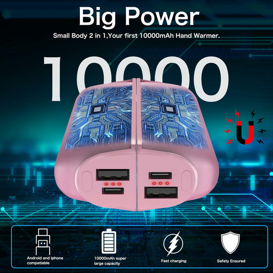 Rechargeable Hand Warmers 2 Pack 10000mAh Magnetic 3-Level Pink Power Bank
