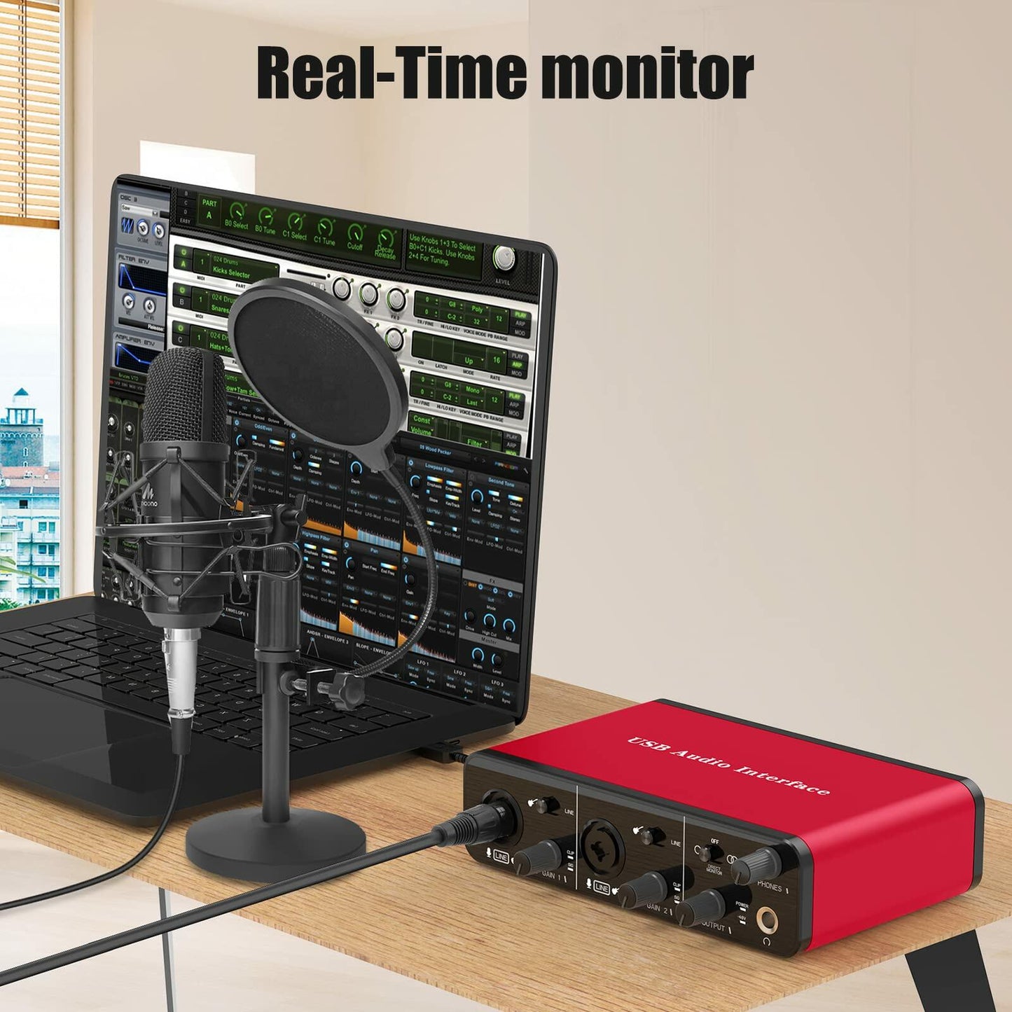 MYPIN USB Audio Interface 2 In 2 Out XLR Mic Mixer 48V Phantom Power Stereo