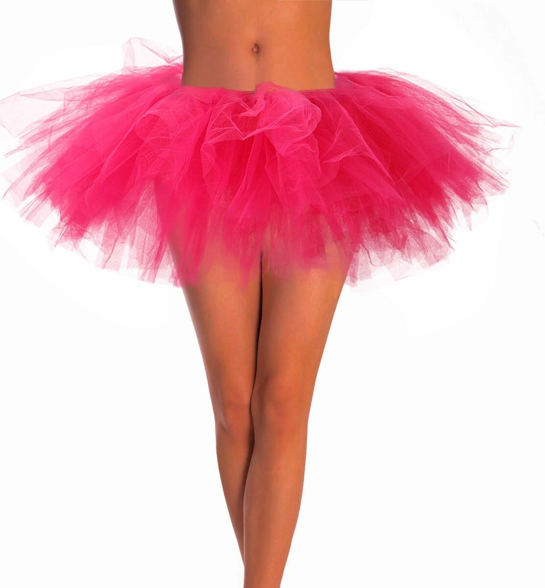 Jewemia Women Tutu Skirt 6 Layered Tulle Elastic Short Hot-Pink Size 40
