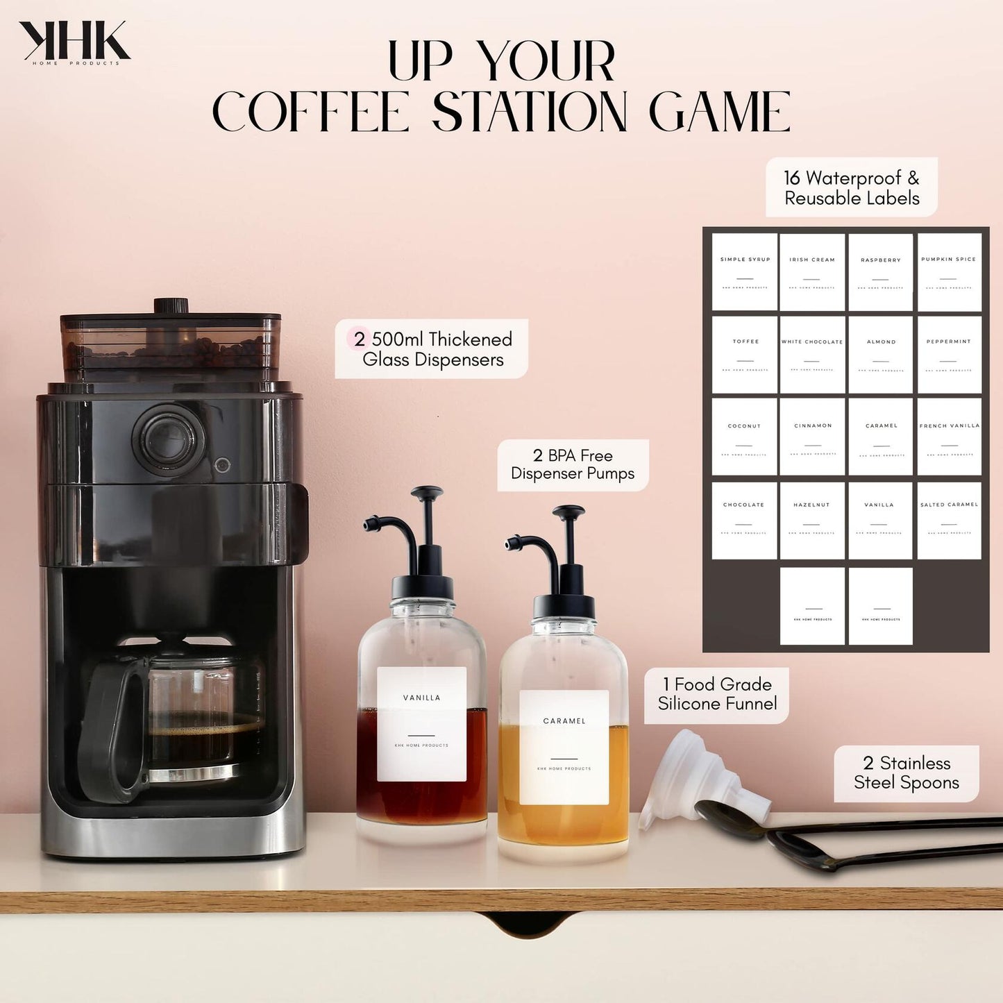 KHK Home Coffee Syrup Dispensers Glass Bottles w/Pumps & Spoons Set of 2 Black