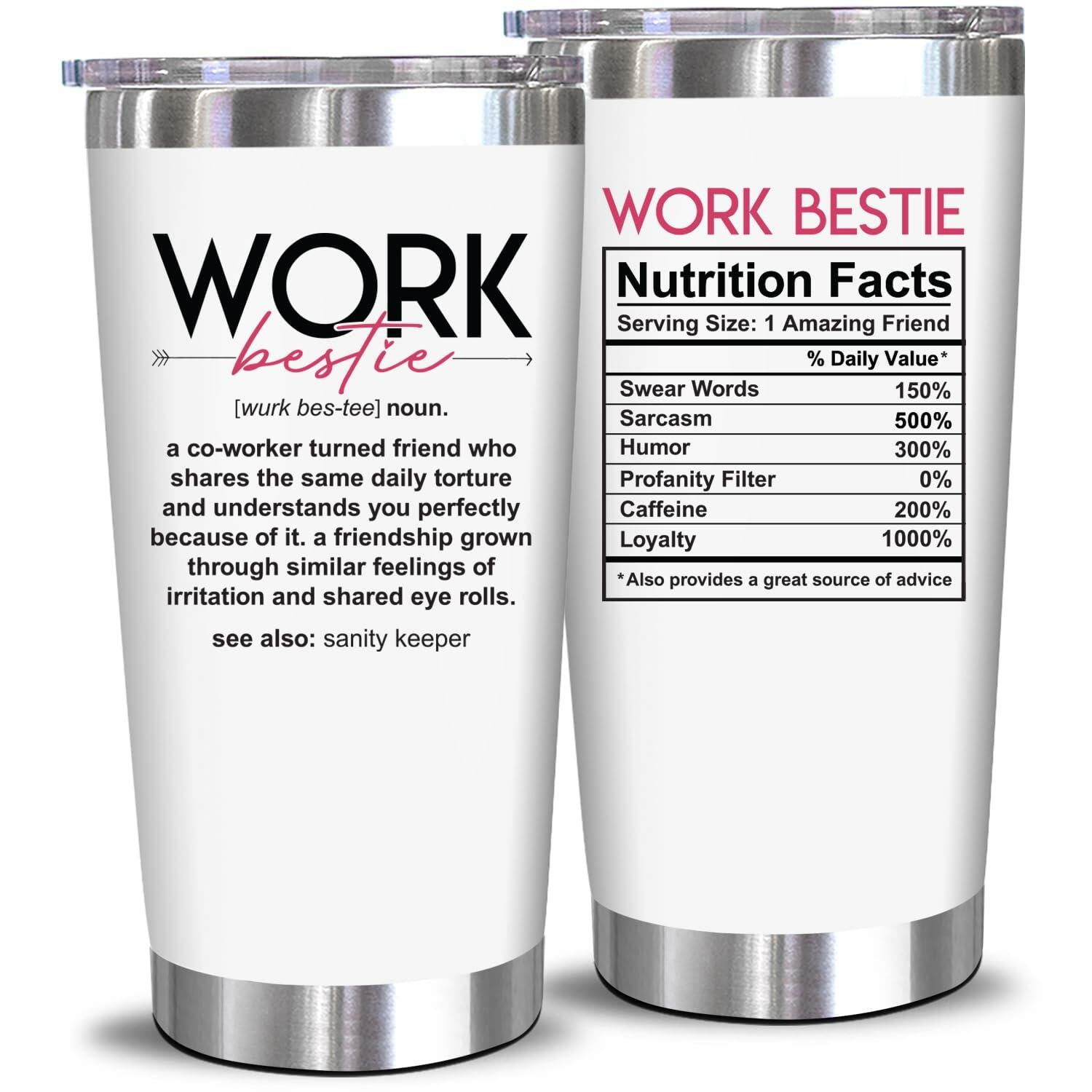 NewEleven 20 Oz Stainless Steel Tumbler Work Bestie White Coworker Gift
