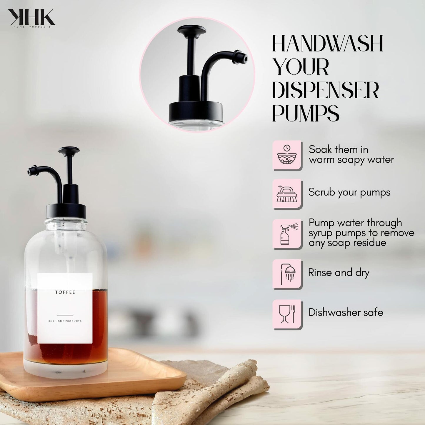 KHK Home Coffee Syrup Dispensers Glass Bottles w/Pumps & Spoons Set of 2 Black