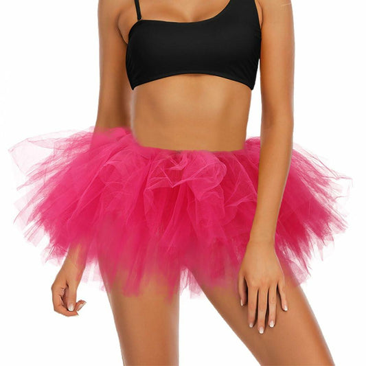 Jewemia Women Tutu Skirt 6 Layered Tulle Elastic Short Hot-Pink Size 40