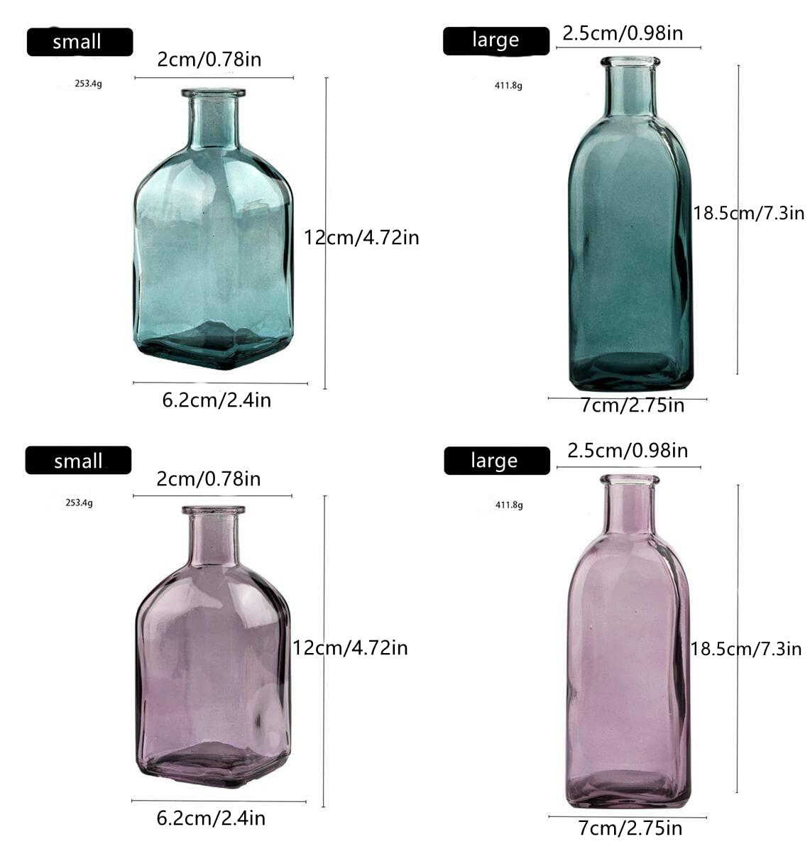 SHUILING Clear Bud Glass Vases 2 Sets Small Colorful Flower Vases Green