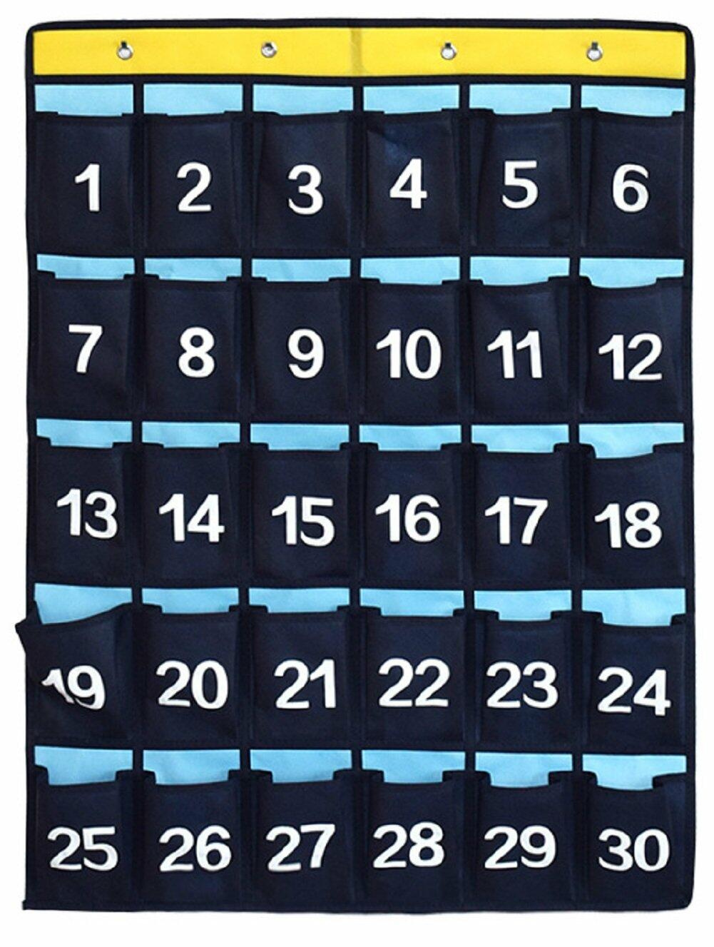 ANIZER Numbered Pocket Chart Over Door Classroom Organizer Blue 30 Pockets