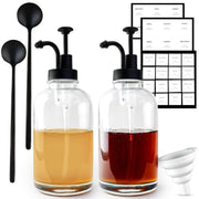 KHK Home Coffee Syrup Dispensers Glass Bottles w/Pumps & Spoons Set of 2 Black