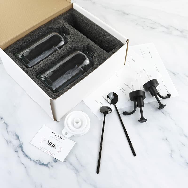 KHK Home Coffee Syrup Dispensers Glass Bottles w/Pumps & Spoons Set of 2 Black