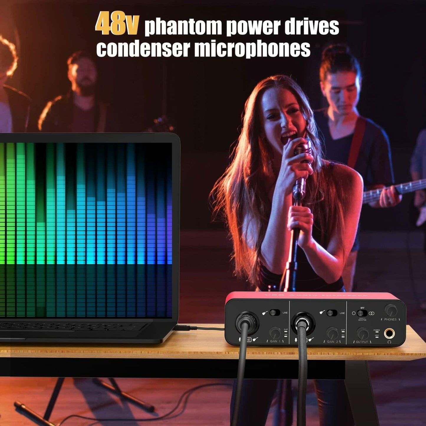 MYPIN USB Audio Interface 2 In 2 Out XLR Mic Mixer 48V Phantom Power Stereo